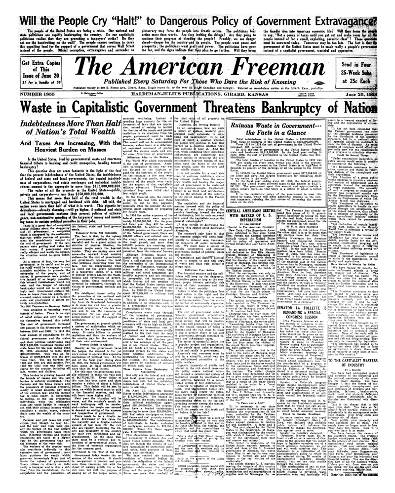 (image for) The American Freeman, Number 1855, June 20, 1931 - Click Image to Close